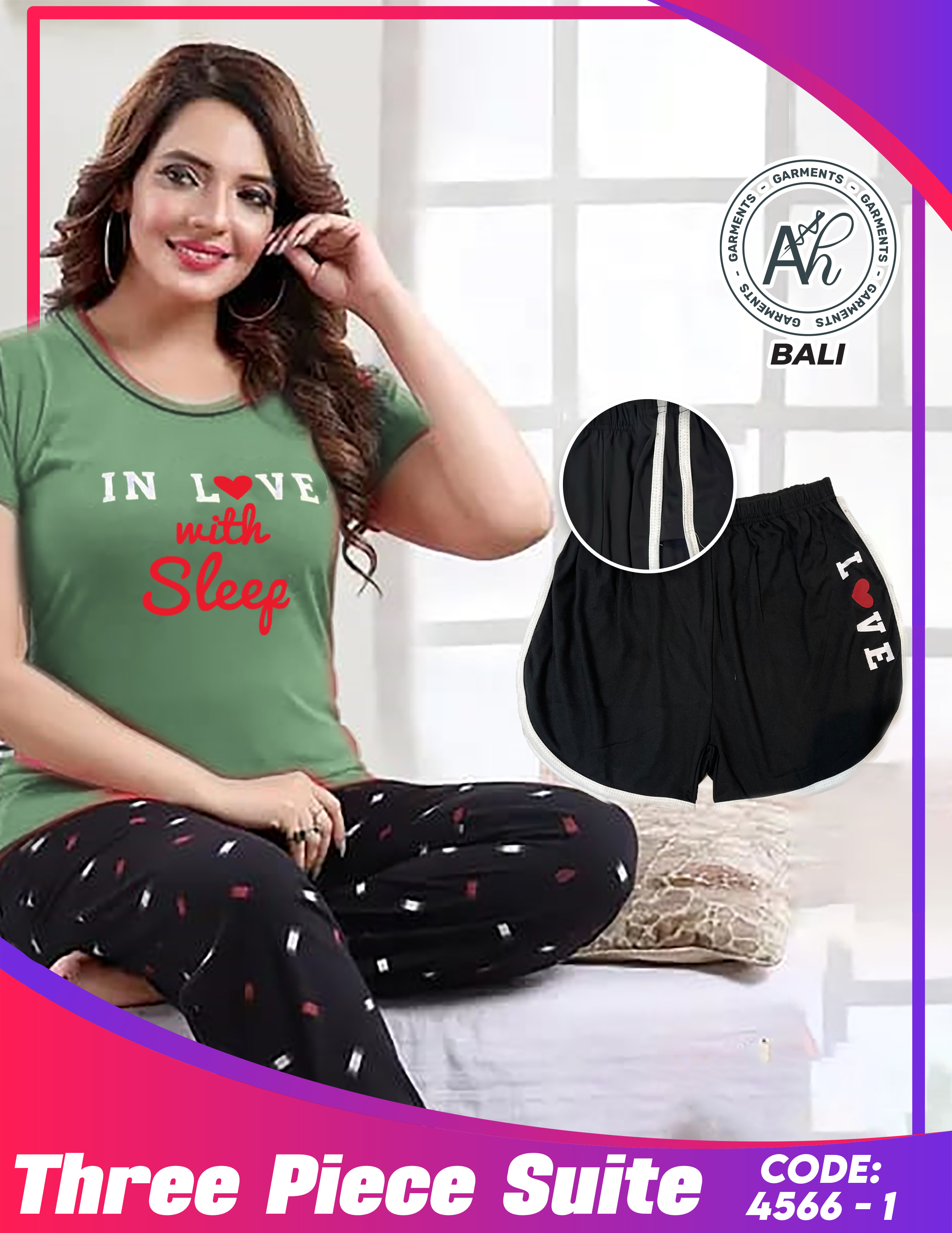 Love Sleep 3 Pcs Night Suit(4566-1)