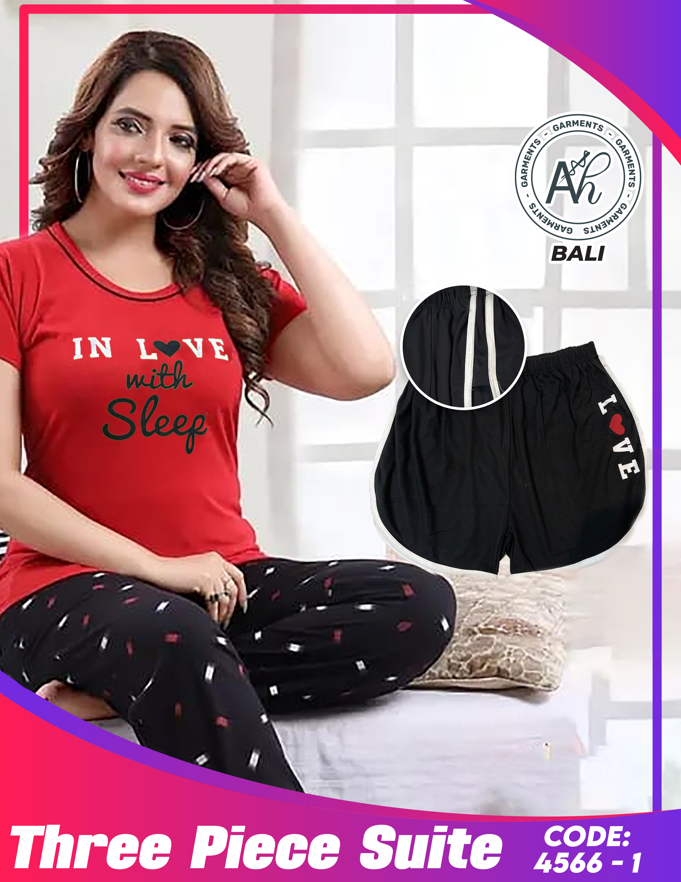 Love Sleep 3 Pcs Night Suit(4566-1)